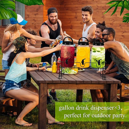 Tanlade 3 Pcs Plastic Drink Dispenser with Stand Beverage Dispenser with Sturdy Metal Base Juice Dispensers for Parties Lemonade Jar Spigot for Weddings Countertop, Each 1 Gallon(Black)