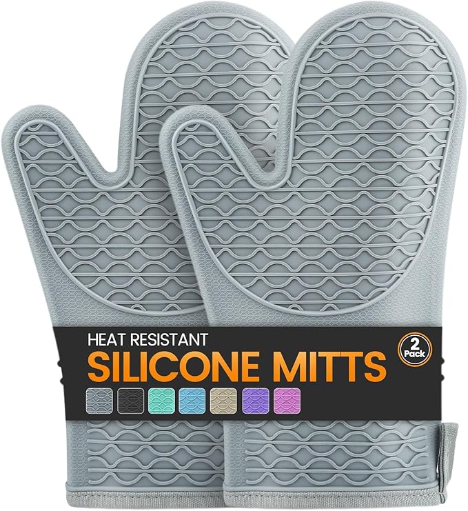 Silicone Oven Mitts, Heat Resistant 2PCS Oven Mitts with Soft Cotton Lining, Waterproof Non-Slip Grip Oven Glove, Kitchen Potholder Mits for BBQ, Baking, Cooking, 12.5 Inch - Grey by Unknown