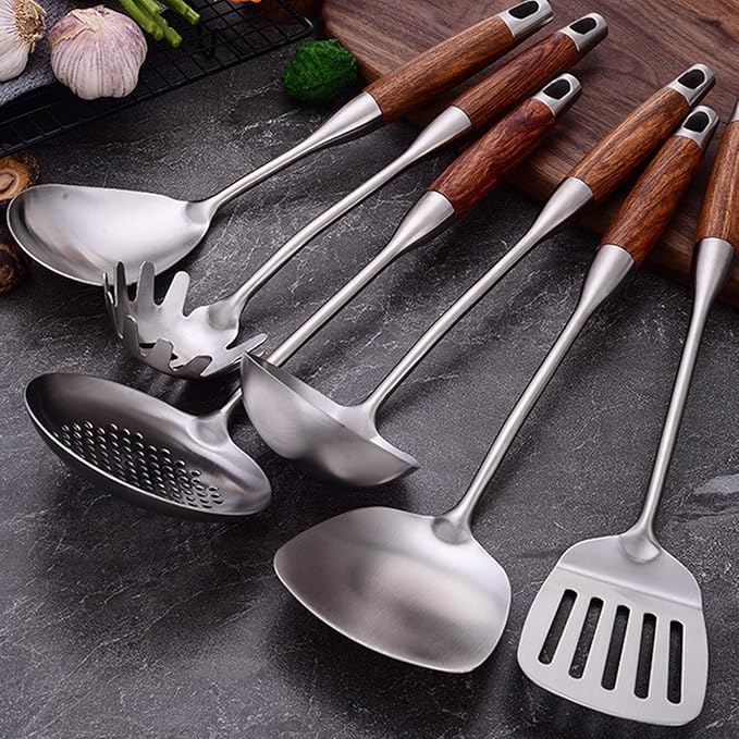 Cooking Utensils Set,7pcs 304 Stainless Steel Kitchen Utensils Set with Holder,Heat Resistant Wooden Handle Kitchen Tools - Image 3
