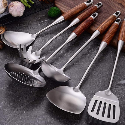 Cooking Utensils Set,7pcs 304 Stainless Steel Kitchen Utensils Set with Holder,Heat Resistant Wooden Handle Kitchen Tools - Image 3