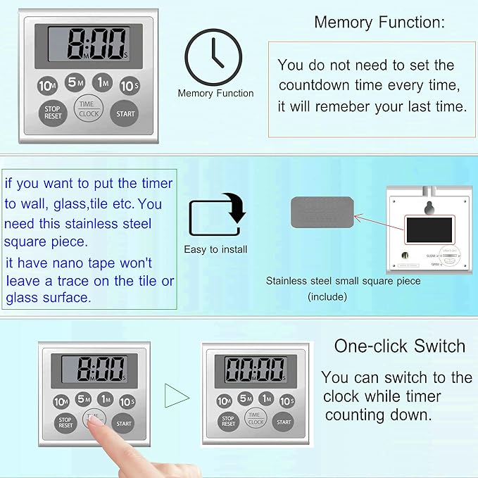 Digital Timer Waterproof Shower Timer Shower Clock Bathroom Kitchen Timer with Strong Magnet and Large LCD Display (Waterproof 7 Key) - Image 3