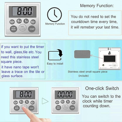 Digital Timer Waterproof Shower Timer Shower Clock Bathroom Kitchen Timer with Strong Magnet and Large LCD Display (Waterproof 7 Key) - Image 3