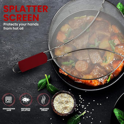 13" Grease Splatter Screen for Cooking | Stainless Steel Oil Splatter Guard and Ultra-Fine Mesh Protects Skin from Burns | TPR Tight-Grip Handle (Red) - Image 2