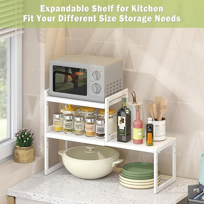 DOLALIKE Expandable Kitchen Countertop Organizer, Stackable Cabinet Shelf Organizers, Space Saving Spice Rack Pantry Storage for Bathroom Office Organization (White, 1 Tier)