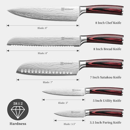 KEEMAKE Knife Set 5 Pieces, Professional Kitchen Knife Set, High Carbon Stainless Steel Chef Knife Set, Ultra Sharp Blade Knives Set for Kitchen with Ergonomic Pakkawood Handle & Gift Box