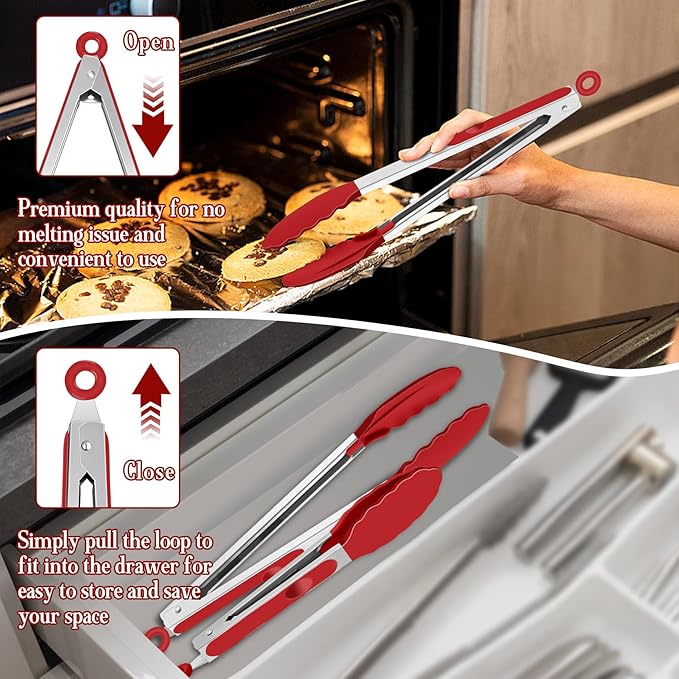 TeamFar Kitchen Tongs, 9" and 12" Stainless Steel Cooking Tongs with Silicone Tips for Cooking Grilling Serving & BBQ, Heat Resistant Silicone Tongs, Locking Design & Dishwasher Safe, Set of 2 & Red - Image 6