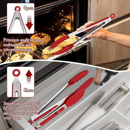 TeamFar Kitchen Tongs, 9" and 12" Stainless Steel Cooking Tongs with Silicone Tips for Cooking Grilling Serving & BBQ, Heat Resistant Silicone Tongs, Locking Design & Dishwasher Safe, Set of 2 & Red - Image 6