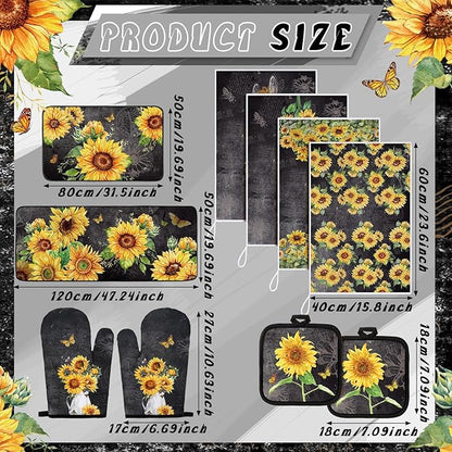 Fourluoo 10 Pcs Vintage Sunflower Kitchen Dish Towels Rugs Oven Mitts and Pot Holders Set Farmhouse Kitchen Decor Set for Women Mom Daughter Gift Cooking Baking Grilling(Vintage Gray)