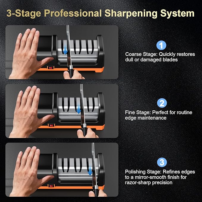 Knife Sharpener Electric for Kitchen Knives, with 100% Diamond Abrasives and Precision Angle Guides, 3-Stage Professional Automatic Quickly Sharpening/Polishing, Black/Orange - Image 7