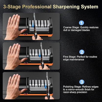 Knife Sharpener Electric for Kitchen Knives, with 100% Diamond Abrasives and Precision Angle Guides, 3-Stage Professional Automatic Quickly Sharpening/Polishing, Black/Orange - Image 7