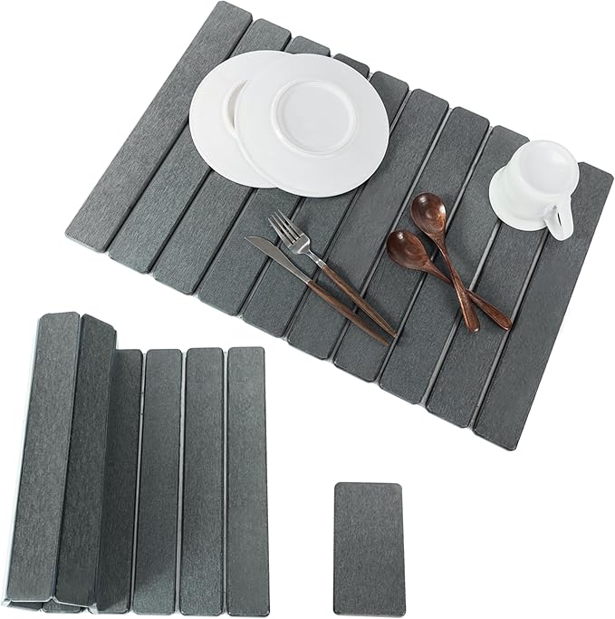 2pcs Stone Dish Drying Mat for Kitchen Counter, Quick-Dry Diatomaceous Earth Water Absorbent Pad & Countertop Drainer, Home Essentials for Bath and Pets - Dark Grey, 24x16’’ & 8x4’’
