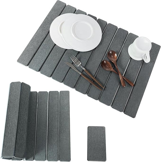2pcs Stone Dish Drying Mat for Kitchen Counter, Quick-Dry Diatomaceous Earth Water Absorbent Pad & Countertop Drainer, Home Essentials for Bath and Pets - Dark Grey, 24x16’’ & 8x4’’