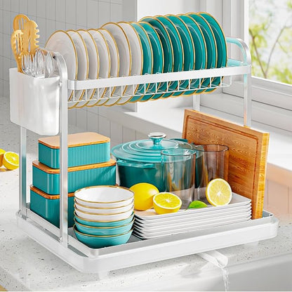 Sakugi 2-Tier Dish Drying Rack - Stainless Steel Dish Rack with Cutlery & Utensil Holders for Kitchen Counter, Sink Organization and Storage for Small Family, 15" W x 11.4" L x 15" H, Silver by Sakugi