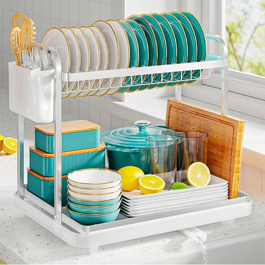 Sakugi 2-Tier Dish Drying Rack - Stainless Steel Dish Rack with Cutlery & Utensil Holders for Kitchen Counter, Sink Organization and Storage for Small Family, 15" W x 11.4" L x 15" H, Silver by Sakugi
