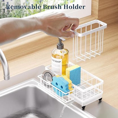 Consumest Sponge Holder for Kitchen Sink - Auto Draining Sink Caddy Organizer with Detachable Rack, High Brush Holder, Kitchen Countertop Storage Accessories, White - Image 3