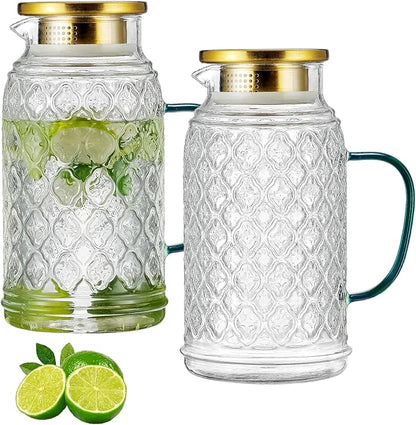 Buaic Glass Pitcher with Lid, 2 PACK 68 oz/2 Liter Vintage Water Pitcher, Clear Borosilicate Glass Water Carafe for Cold Brew, Coffee, Lemonade, Iced Sun Tea,Beverage, Milk, Heat Resistant by Buaic