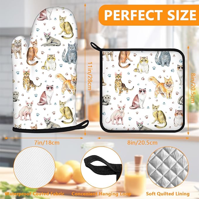 Cute Cats Oven Mitts and Pot Holders Sets 4Pcs,Extra Long Oven Gloves Potholder for Kitchen Cooking Baking BBQ 100% Cotton Heat Resistant - Image 2