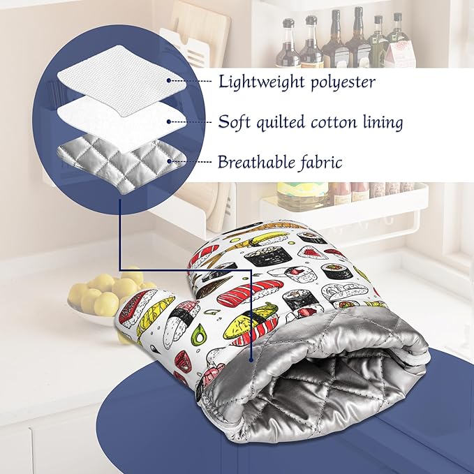 Japanese Kawaii Sushi Potholders & Oven Mitts Sets Cute Sushi Roll Silicone Heat Resistant Oven Mits and Hot Pads Non-Slip Pot Holders Gloves for Kitchen Chef Cooking Baking Grilling BBQ
