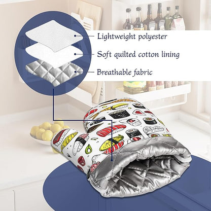 Japanese Kawaii Sushi Potholders & Oven Mitts Sets Cute Sushi Roll Silicone Heat Resistant Oven Mits and Hot Pads Non-Slip Pot Holders Gloves for Kitchen Chef Cooking Baking Grilling BBQ