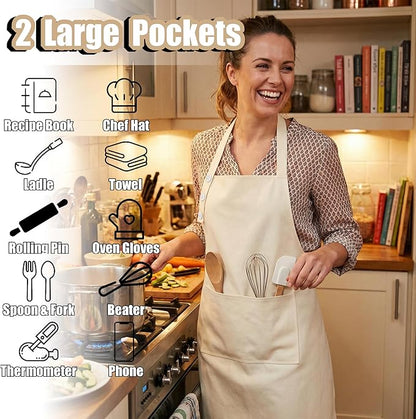 TOSHE Kitchen Apron Waterdrop Resistant Cotton Apron with adjustable Aprons for Women with Pockets 10 Color option Cooking Cream Apron (Cream) - Image 2