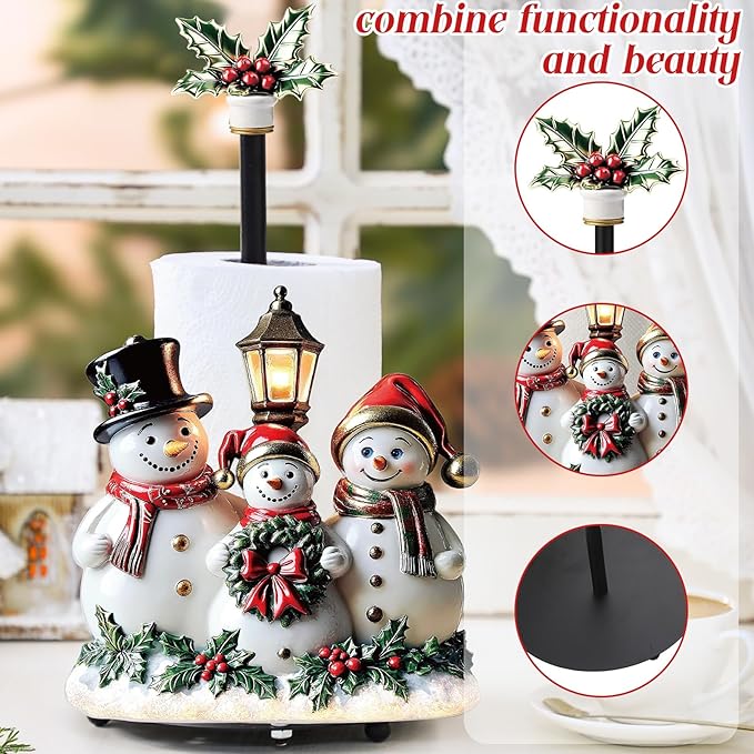 Thyle Winter Snowman Paper Towel Holder with Round Base Winter Bathroom Decor Rustic Snowman Family Dispenser Kitchen Paper Holder Stand for Christmas Xmas Countertop Toilet Home Accessories