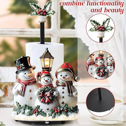 Thyle Winter Snowman Paper Towel Holder with Round Base Winter Bathroom Decor Rustic Snowman Family Dispenser Kitchen Paper Holder Stand for Christmas Xmas Countertop Toilet Home Accessories