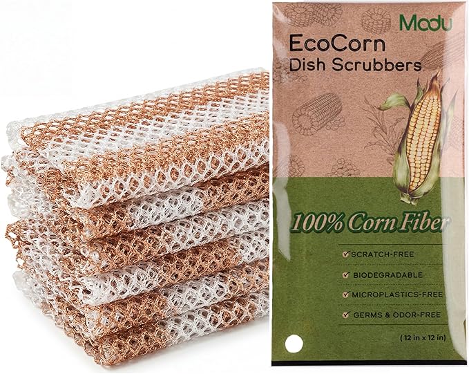 Modu 6 Pack EcoCorn Dish Sponges Scrubbers – 100% Corn Fiber, Biodegradable Kitchen Scrub Pads for Multipurpose Household Cleaning, Odor-Free, Plastic-Free Kitchen Mesh Net (Thin & Foamy 6 Count) by Modu