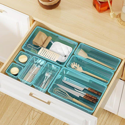 WOWBOX 40 PCS Plastic Drawer Organizer Set, 4 Sizes Desk Drawer Organization and Storage Containers for Makeup, Cosmetics, Jewelry and Gadgets in Kitchen, Bathroom, Bedroom, Office, Clear Sea Blue - Image 7