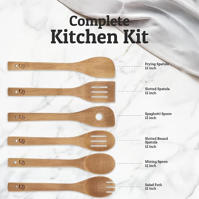 PriorityChef Wooden Spoons for Cooking, 6Pc with Utensil Holder, Non Scratch Bamboo Cooking Utensils, Non-Toxic Wooden Utensil Set, Easy to Clean Kitchen Utensils Set for All Cookware Types - Image 3