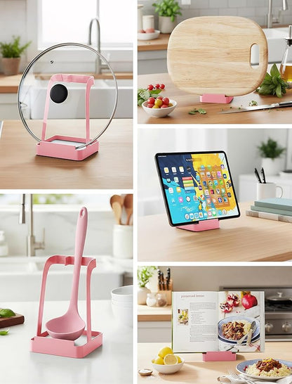 NiHome Kitchen Utensil Holder for Pot Lids & Spoons Pink Kitchen Accessories with White Diatomite Drip Tray, Non-Slip Base, Metal Cooking Spoon Rest, 3.9"x3.9"x6" Countertop Organizer (Pink) - Image 8