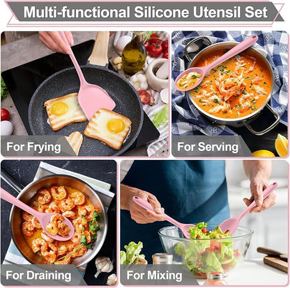 P&P CHEF Kitchen Utensil Set, 4 Pieces Non-stick Silicone Cooking Utensils, Heat-resistant Slotted Solid Spoon Turner for Frying, Mixing, Serving, Non-toxic & Easy to Clean, Pink - Image 5