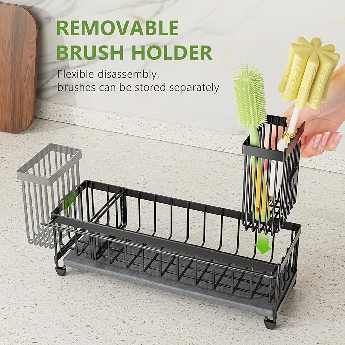 Cisily Large Sink Caddy Organizer with Towel Holder, Quick Dry Sponge Holder for Kitchen, Black Dish Brush Holder for Countertop, Kitchen Decor Storage and Essentials - Image 5