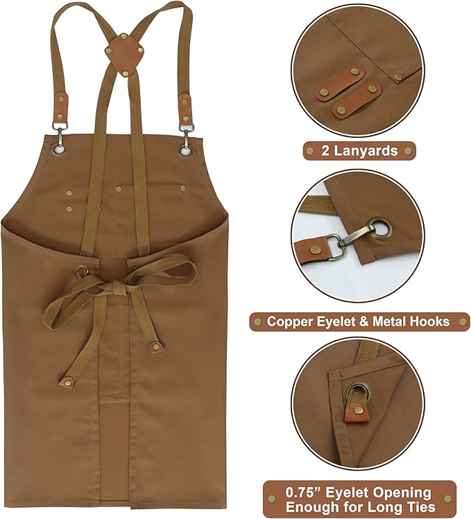 RUVANTI Work Aprons for Men, Oil & Water Repellent, PolyCotton Cross Back Aprons for Women with Pockets, Adjustable up to XXL, Chef Aprons for Cooking, Grilling, Welding, Woodworking - Brown Aprons