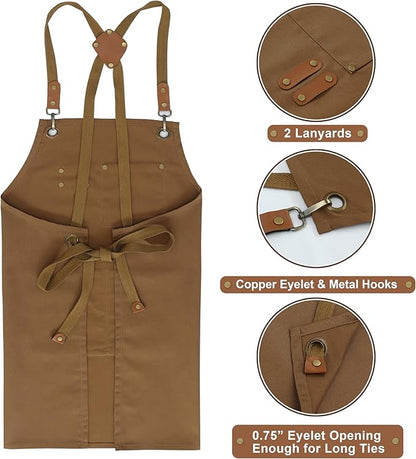 RUVANTI Work Aprons for Men, Oil & Water Repellent, PolyCotton Cross Back Aprons for Women with Pockets, Adjustable up to XXL, Chef Aprons for Cooking, Grilling, Welding, Woodworking - Brown Aprons