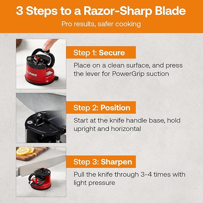 AnySharp – Global – Hands Free Knife Sharpener - Easy to Use Sharpening Tool with PowerGrip Suction Base and 20-Degree Pre-Set Angle - for All Knives: Chef's, Serrated, and Hardened Steel - Red - Image 9