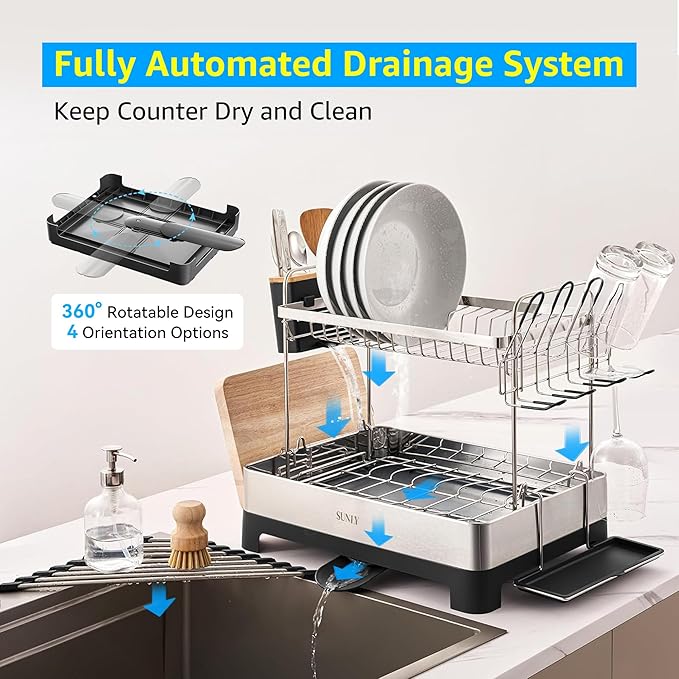 SUNLY 2 Tier Dish Drying Rack, Extra Large Dish Rack, Multifunctional Large Dish Drainers for Kitchen Counter, 304 Stainless Steel Kitchen Drying Rack, Bowl Drying Rack, Extendable Drain Spout, Black - Image 4