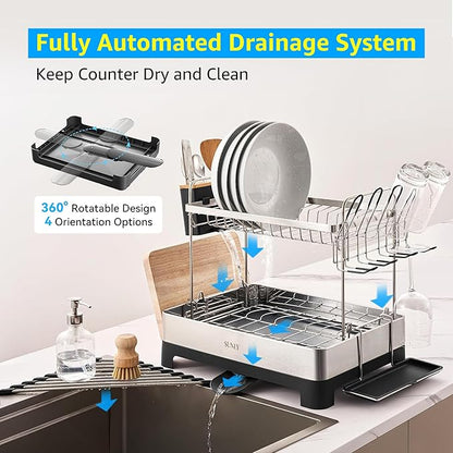 SUNLY 2 Tier Dish Drying Rack, Extra Large Dish Rack, Multifunctional Large Dish Drainers for Kitchen Counter, 304 Stainless Steel Kitchen Drying Rack, Bowl Drying Rack, Extendable Drain Spout, Black - Image 4