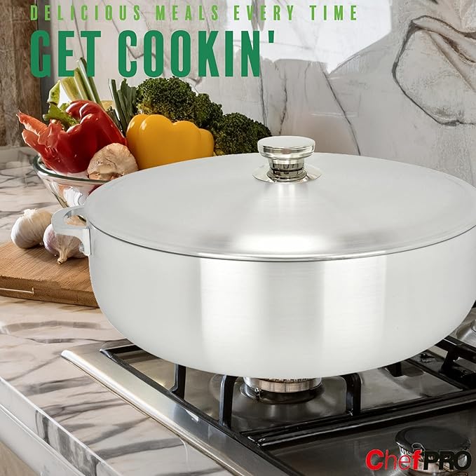 ALUMINUM CALDERO STOCK POT by Chef Pro, Aluminum, Superior Cooking Performance for Even Heat Distribution, Perfect For Serving Large/Small Groups, Riveted Handles, Commercial Grade, 18.3 Quart