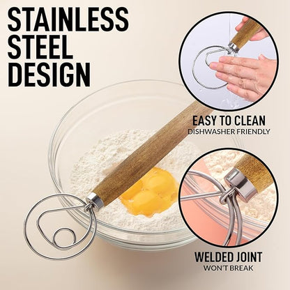 Zulay Kitchen 13-Inch Danish Dough Whisk - Stainless Steel Wooden Whisk with Dough Hook - Sourdough Whisk for Bread, Pizza, Pastry, Cake Batter & More - 2 Pack Acacia - Image 7