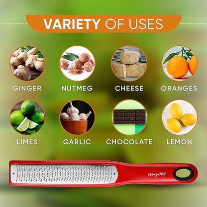 Spring Chef Premium Red Lemon Zester Grater with Handle - Fruit, Garlic, Citrus, Nutmeg, Orange Zester Tool - Heavy Duty Kitchen Shredder - Stainless Steel Ginger Grater with Blade Cover - Fine Shred - Image 5