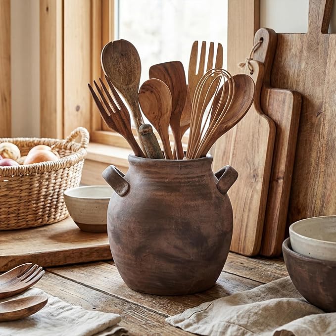 Havawish Rustic Kitchen Utensil Holder for Countertop - Farmhouse Ceramic Utensil Crock with Handle for Spatulas Vintage Kitchen Utensils Holder Cooking Organizer, Fit Ladle, Eggbeater(Dark Brown)