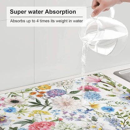 Colorful Flowers Dish Drying Mat for Kitchen Counter, 18"x24" Microfiber Absorbent Fast Dry Mat, 2Pcs Dish Mat Faucet Mats Sets, Large Drying Kitchen Mat Kitchen Drying Pad Coffee Bar Decor Gifts