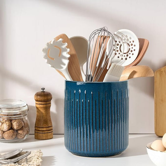JIEMEI HOME Kitchen Utensil Holder, 7.2" Large Ceramic Stable Utensil Crock for Countertop, Utensil Holder with Cork Mat, Removable Bamboo Divider for Easy, Kitchen Decor, Blue by JHJIEMEIHOME