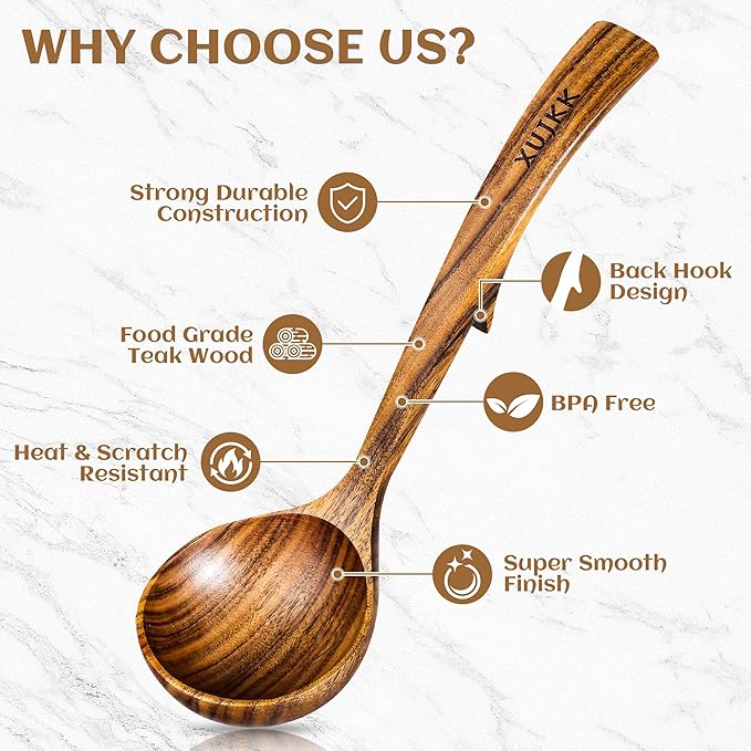 Wooden Ladle for Soup, Set of 3 Natural Teak Wood Ladle with Back Hooks, Wooden Soup Ladle for Cooking, Serving and Stirring | Comfortable Grip, Heat-Resistant &Non-Stick Teak Wooden Utensil Set - Image 4