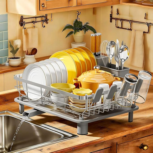 MOUKABAL Dish Drying Rack, Dish Rack, Stainless Steel Dish Racks for Kitchen Counter, Dish Drainer with Removable Utensil Holder, Drainboard (Grey,Stainless Steel,13''W x 17''L) by MOUKABALGREATHELPER