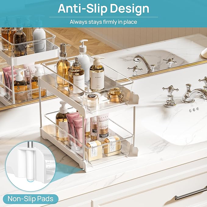 Vtopmart 4 Pack Bathroom Organizer, 2 Tier White Under Sink Organizers Vanity Countertop Storage Container,Cabinet Drawers Bins, Pull-Out Organization with Track for Pantry, Kitchen - Image 3