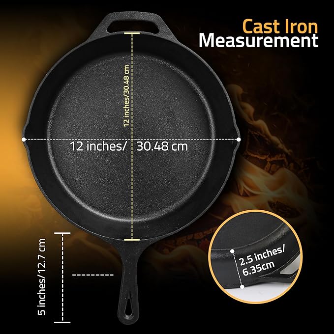 Utopia Kitchen Premium Cast Iron Skillets 12 Inch, Chef's Pan, Pre-Seasoned Frying Pan, Stovetop, Oven, Campfire and Grill Large Skillet, Even Heat Distribution Multipurpose Cast Iron Pan - Black - Image 3