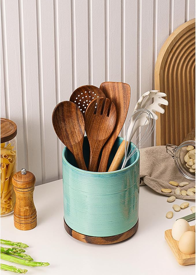 Utensil Holder, 360° Rotating Extra Large Ceramic Kitchen Utensil Holder for Countertop, Cooking Utensil Crocks for Counter with Rotatable Wooden Base, Farmhouse Kitchen Decor, Green - Image 5