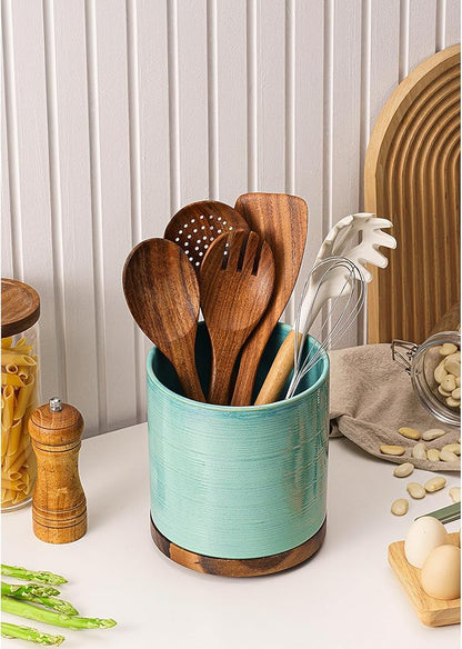 Utensil Holder, 360° Rotating Extra Large Ceramic Kitchen Utensil Holder for Countertop, Cooking Utensil Crocks for Counter with Rotatable Wooden Base, Farmhouse Kitchen Decor, Green - Image 5