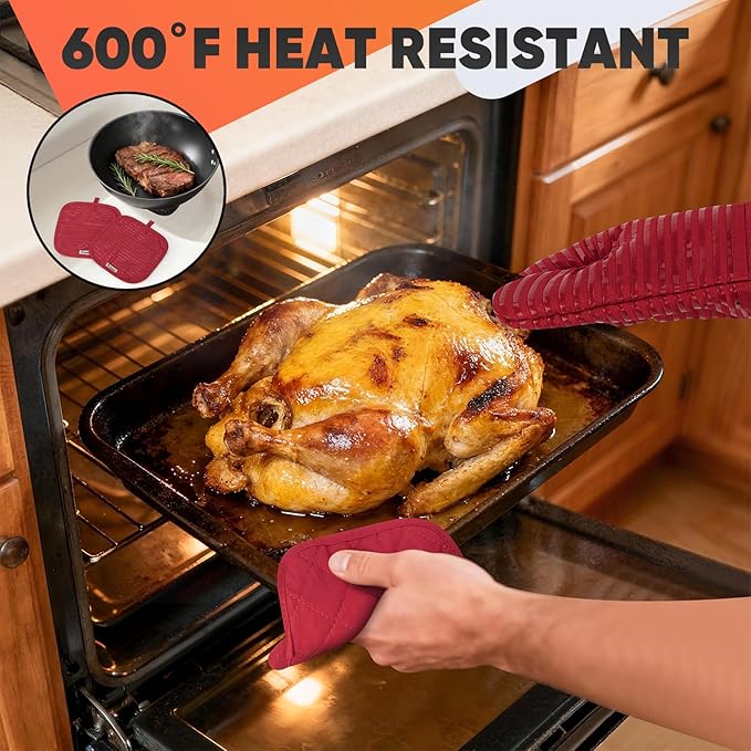 Oven Mitts Kitchen Towels and Dishcloths with Pot Holders Sets, Oven Gloves Hot Pads 500°F Heat Resistant with Silicone Grip, Include 2 Cooking Gloves/2 Potholders/4 Kitchen Towels/4 Dish Towels-Red - Image 8